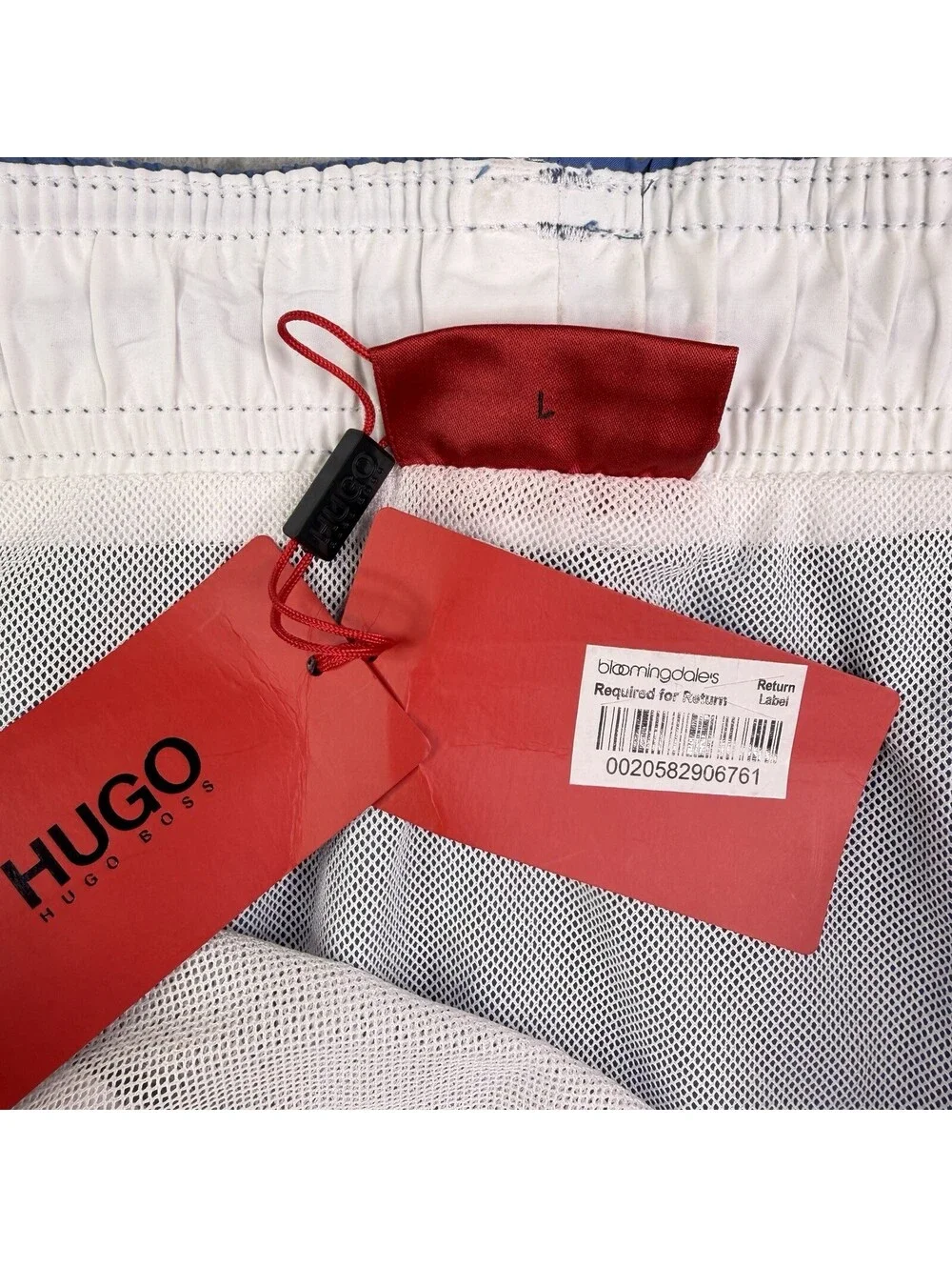 HUGO Men's Swim Trunks Blue White Logo Elastic Waist Mesh Lined Size L